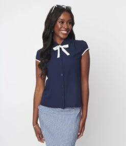Navy & White Bow Button Down Blouse -Pleaser Clothing Store navy white bow button down blouse 633712