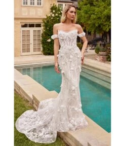 Cinderella Divine Off White Floral Lace Bridal Trumpet Gown With Removable Overskirt -Pleaser Clothing Store off white floral lace bridal trumpet gown with removable overskirt 154256
