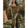 Cinderella Divine Olive Satin Off The Shoulder Corset Bridesmaid Gown