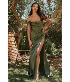 Cinderella Divine Olive Satin Off The Shoulder Corset Bridesmaid Gown