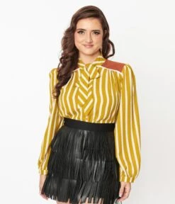 Olive Striped Bow Blouse