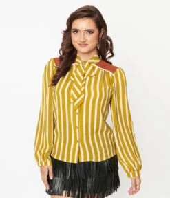 Olive Striped Bow Blouse -Pleaser Clothing Store olive striped bow blouse 884086