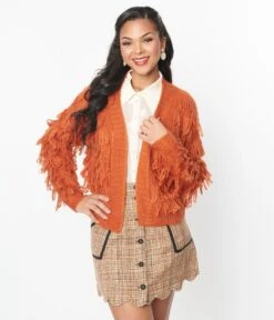 Orange Fringe Open Cardigan -Pleaser Clothing Store orange fringe open cardigan 641546