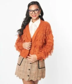 Orange Fringe Open Cardigan