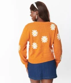 Orange & White Daisy Sweater -Pleaser Clothing Store orange white daisy sweater 777918