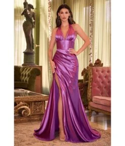 Cinderella Divine Orchid Pleated Satin Halter Corset Evening Gown