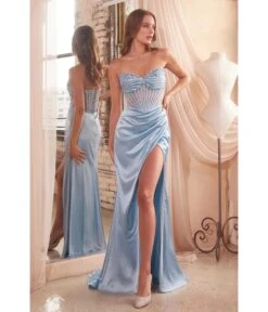 Cinderella Divine Paris Blue Beaded Satin Corset Prom Dress