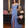 Cinderella Divine Paris Blue Glitter Draped Off The Shoulder Prom Dress