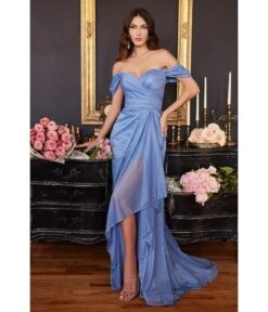 Cinderella Divine Paris Blue Glitter Draped Off The Shoulder Prom Dress