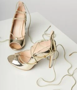 Patent Gold Reptile Lace Up Peep Toe Heel