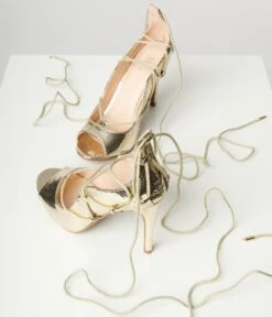 Patent Gold Reptile Lace Up Peep Toe Heel -Pleaser Clothing Store patent gold reptile lace up peep toe heel 496955