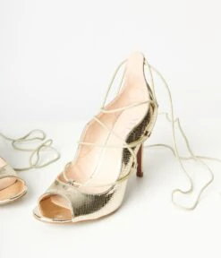 Patent Gold Reptile Lace Up Peep Toe Heel -Pleaser Clothing Store patent gold reptile lace up peep toe heel 676252