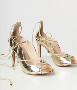Patent Gold Reptile Lace Up Peep Toe Heel -Pleaser Clothing Store patent gold reptile lace up peep toe heel 742791