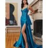 Cinderella Divine Peacock Blue Embroidered Satin Bridesmaid Gown