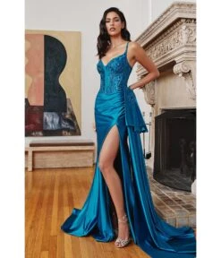 Cinderella Divine Peacock Blue Embroidered Satin Bridesmaid Gown