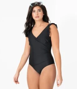 Pin-Up Style Black Ruffle One Piece Swimsuit -Pleaser Clothing Store pin up style black ruffle one piece swimsuit 752261