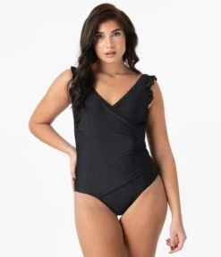 Pin-Up Style Black Ruffle One Piece Swimsuit -Pleaser Clothing Store pin up style black ruffle one piece swimsuit 990730
