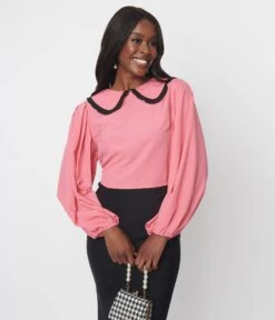 Pink & Black Ruffle Trim Long Sleeve Blouse -Pleaser Clothing Store pink black ruffle trim long sleeve blouse 454382
