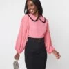 Pink & Black Ruffle Trim Long Sleeve Blouse