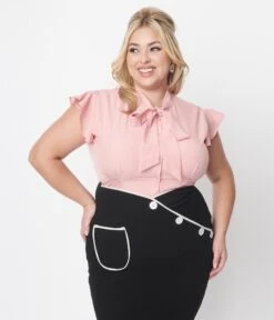 Pink Bow & Flutter Sleeve Blouse -Pleaser Clothing Store pink bow flutter sleeve blouse 836960