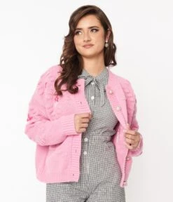 Pink Floral Cable Knit Cardigan -Pleaser Clothing Store pink floral cable knit cardigan 466808