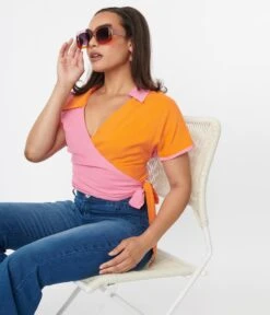 Pink & Orange Colorblock Surplice Wrap Top 10 Pink & Orange Colorblock Surplice Wrap Top -Pleaser Clothing Store pink orange colorblock surplice wrap top 254847