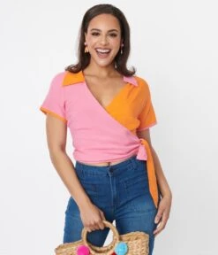 Pink & Orange Colorblock Surplice Wrap Top 9 Pink & Orange Colorblock Surplice Wrap Top -Pleaser Clothing Store pink orange colorblock surplice wrap top 299927