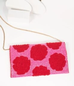 Pink & Red Floral Rose Beaded Envelope Clutch -Pleaser Clothing Store pink red floral rose beaded envelope clutch 524255