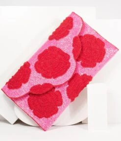 Pink & Red Floral Rose Beaded Envelope Clutch -Pleaser Clothing Store pink red floral rose beaded envelope clutch 894287