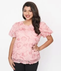 Pink Textured Floral Puff Sleeve Blouse -Pleaser Clothing Store pink textured floral puff sleeve blouse 995622