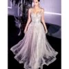 Cinderella Divine Platinum Beaded Embellished Glitter Tulle Prom Dress