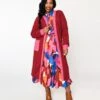 Plus Long Berry & Pink Contrast Open Long Cardigan