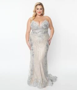 Plus Size 1930s Style Nude & Silver Deco Bridal Gown -Pleaser Clothing Store plus size 1930s style nude silver deco bridal gown 754297