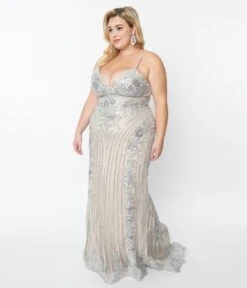 Plus Size 1930s Style Nude & Silver Deco Bridal Gown -Pleaser Clothing Store plus size 1930s style nude silver deco bridal gown 865350