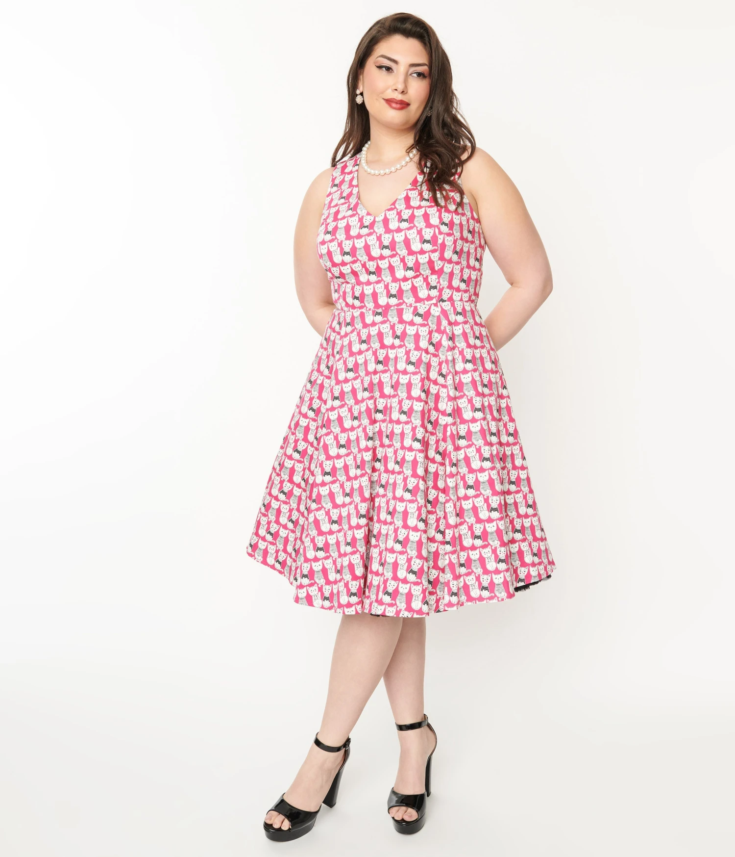 Plus Size 1950s Style Hot Pink Cat Print Sleeveless Swing Dress 1 Plus Size 1950s Style Hot Pink Cat Print Sleeveless Swing Dress