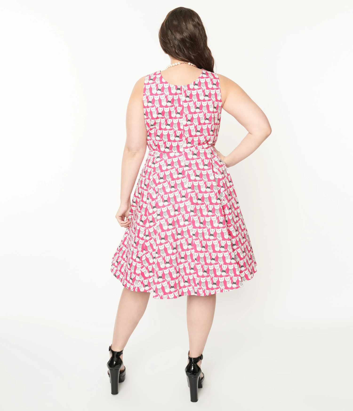 Plus Size 1950s Style Hot Pink Cat Print Sleeveless Swing Dress 3 Plus Size 1950s Style Hot Pink Cat Print Sleeveless Swing Dress - Image 3