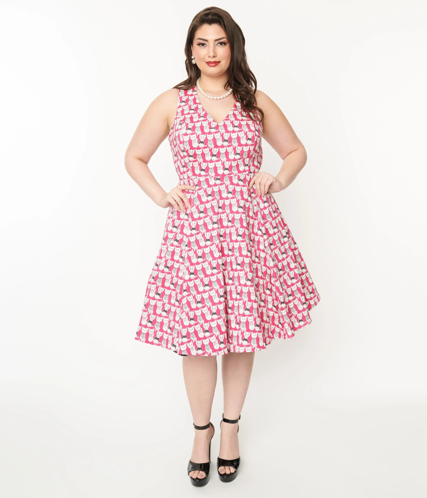 Plus Size 1950s Style Hot Pink Cat Print Sleeveless Swing Dress 2 Plus Size 1950s Style Hot Pink Cat Print Sleeveless Swing Dress - Image 2