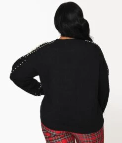 Plus Size Black & Faux Pearl Studded Knit Sweater -Pleaser Clothing Store plus size black faux pearl studded knit sweater 878294