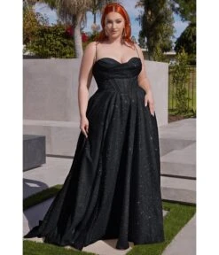 Cinderella Divine Plus Size Black Glitter Corset Prom Ball Gown