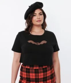 Plus Size Black & Mesh Bat Crop Top
