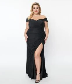 Plus Size Black Off The Shoulder Full Length Dress -Pleaser Clothing Store plus size black off the shoulder full length dress 106340