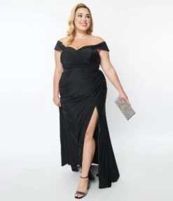 Plus Size Black Off The Shoulder Full Length Dress -Pleaser Clothing Store plus size black off the shoulder full length dress 226780