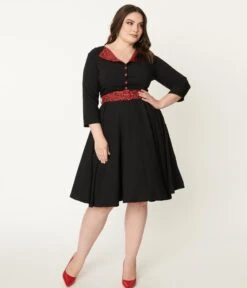 Plus Size Black & Red Leopard Accent Lynette Swing Dress -Pleaser Clothing Store plus size black red leopard accent lynette swing dress 310894