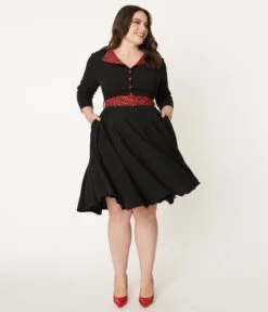 Plus Size Black & Red Leopard Accent Lynette Swing Dress -Pleaser Clothing Store plus size black red leopard accent lynette swing dress 428880