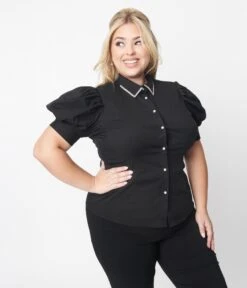 Plus Size Black Rhinestone Collar Button Down Top -Pleaser Clothing Store plus size black rhinestone collar button down top 100277