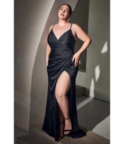 Cinderella Divine Plus Size Black Ruched Satin Mystique Prom Gown