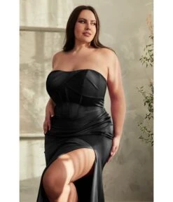 Cinderella Divine Plus Size Black Satin Pleated Strapless Corset Evening Gown