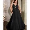 Cinderella Divine Plus Size Black Satin Ruched Knotted Keyhole Evening Gown