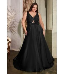 Cinderella Divine Plus Size Black Satin Ruched Knotted Keyhole Evening Gown