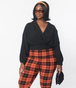 Plus Size Black Surplice Back Tie Top